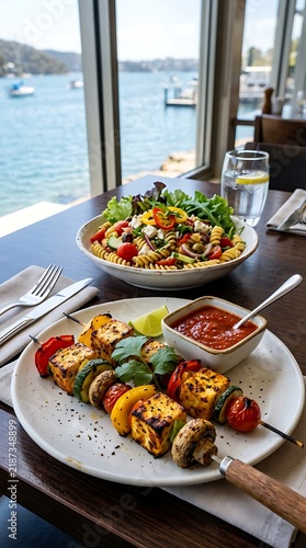 Grilled paneer skewers with vegetable pasta salad, mediterranean lunch at waterfront restaurant, healthy vegetarian meal with sea view