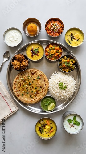 Traditional Indian Thali with assorted vegetarian dishes. Authentic North Indian meal platter with rice, roti, and curries. Healthy ethnic food.