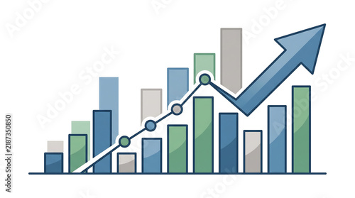 Financial growth chart with ascending bar graphs and upward pointing arrow for business success