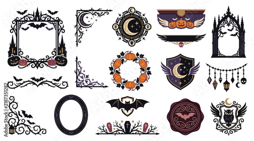 Gothic Halloween decorative elements, vintage occult frames and borders, spooky mystical vector set with bats and pumpkins isolated on White Background Halloween