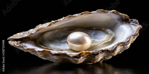 Close-up of a natural pearl inside an oyster shell on a black background , shell, marine biology,  shell