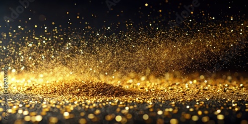 Sparkling gold glitter powder scattered on a dark and sleek black background with subtle texture, evoking luxury and sophistication , sparkles, decorative element