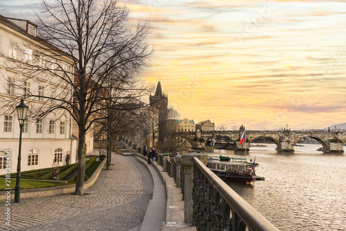 Картината върху платно Scenic view of Charles Bridge and Moldava river at sunset in Prague, Czech Repub
