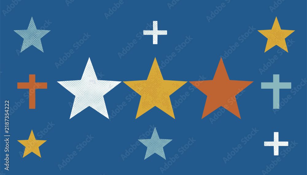 Fototapeta premium Textured stars and crosses in warm colors create a festive pattern across a dark blue background, suitable for celestial designs.