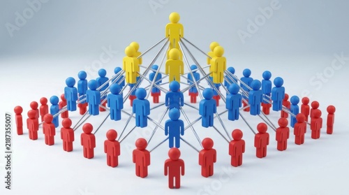 A hierarchical pyramid of interconnected figures in yellow, blue, and red representing organizational structure and leadership tiers