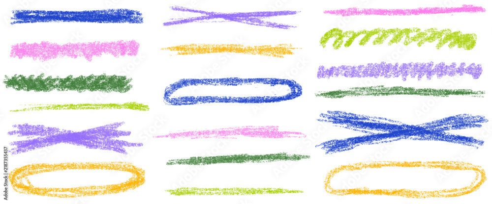 Obraz premium Highlight handwriting underline in pencil crayon shapes with drawn texture. Kid brush strokes in green blue and pink on white. Bold vector highlight elements with hand drawn annotation marks isolated