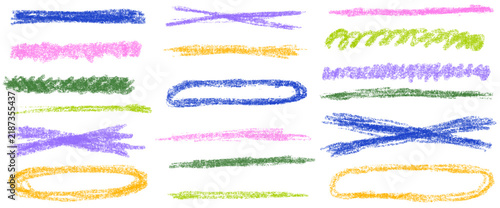 Highlight handwriting underline in pencil crayon shapes with drawn texture. Kid brush strokes in green blue and pink on white. Bold vector highlight elements with hand drawn annotation marks isolated