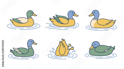 Cute hand drawn vector set of cute mallard ducks swimming and diving in the water