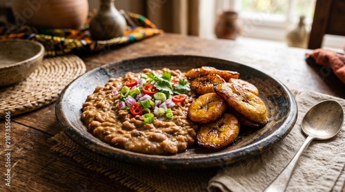 Delicious and hearty African bean stew, garnished with vibrant fresh onions and red chilies, served with sweet golden-fried plantains. Authentic comfort food on a rustic table