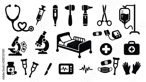 Comprehensive Medical and Healthcare Equipment Icon Set Silhouette