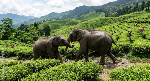 Wild Asian Elephants in Lush Green Mountain Landscape
