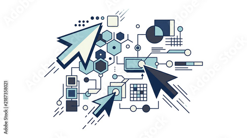 Digital cursor arrows interacting with abstract data nodes and network charts