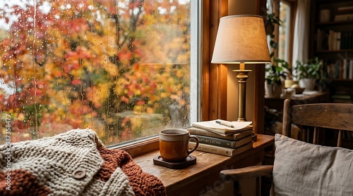 Cozy autumn window scene with steaming coffee and fall foliage outside