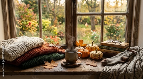Cozy autumn window sill with steaming mug, pumpkins and warm knitwear