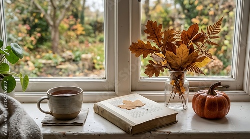 Cozy autumn window sill with book, tea, and pumpkin during fall season