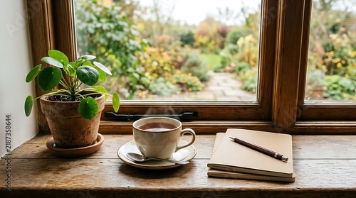 Cozy Autumn window sill with steaming tea, plant, and notebook