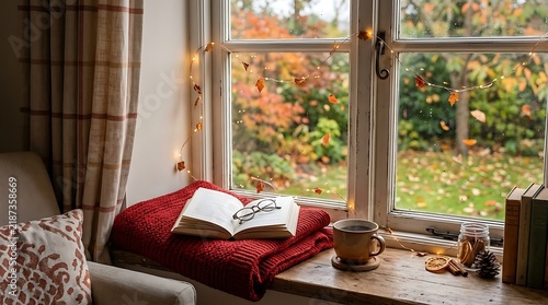 Cozy autumn window view with open book and warm lights