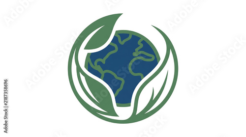Eco earth symbol with green leaves surrounding blue globe for environmental conservation