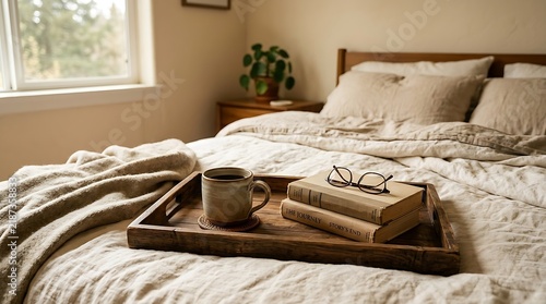 Cozy bed with tray of coffee and books, morning light, hygge atmosphere