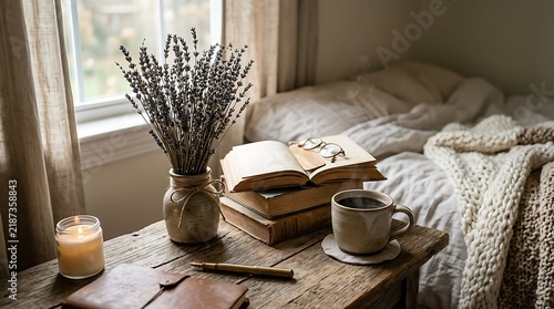 Cozy bedroom corner with open book, coffee cup, and dried lavender.