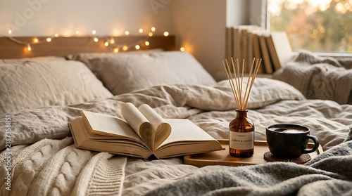 Cozy bedroom interior with open book and coffee cup on bed, soft lighting
