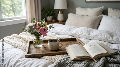 Cozy bedroom morning scene with flowers, coffee, and an open book on a tray