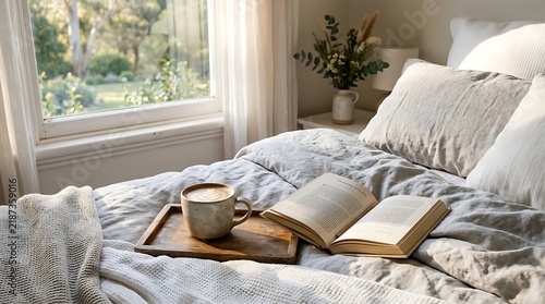 Cozy bedroom morning with book and coffee on neatly made bed