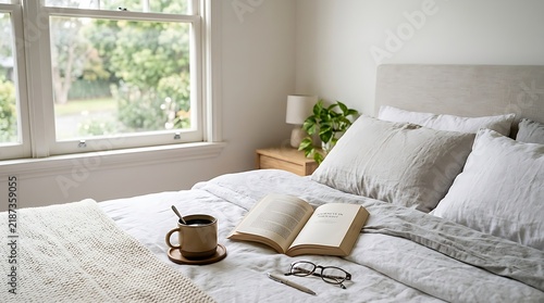 Cozy bedroom morning with coffee and book, soft natural light
