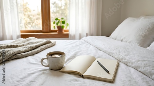 Cozy bedroom morning with coffee and journal on a bed