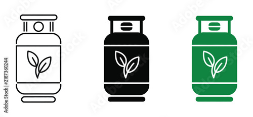 Biogas Cylinder Icon Set, leaf symbols in outline, solid, and green styles, renewable energy, sustainable fuel storage, vector illustration isolated.