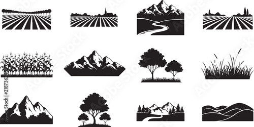 Country agricultural farm field and mountain landscape black silhouette icons set on grid background for rural nature packaging.