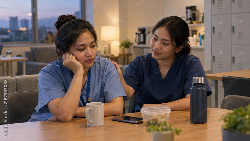 Fototapeta premium Two Nurses Supporting Each Other After Difficult Shift in Hospital Break Room