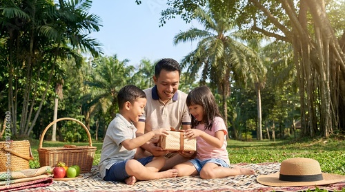 Happy family enjoying picnic in green summer park.