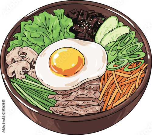 A traditional korean bibimbap served in a brown bowl, topped with fried egg and various fresh ingredients.