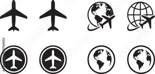 Aviation flight icons set featuring airplane silhouettes travel globes and circular airport badges for navigation layout designs.