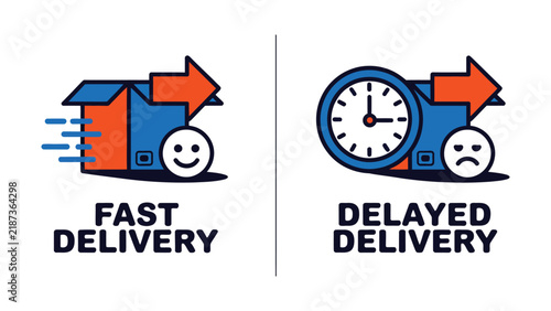 Quadro su tela Comparison of Fast Delivery and Delayed Delivery concepts with icons representin