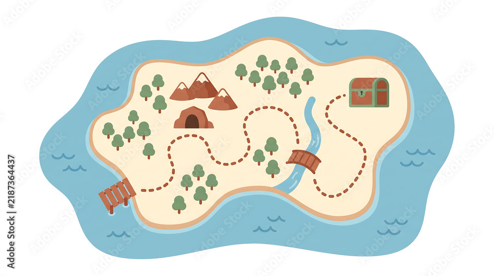 Naklejka premium Treasure map illustration featuring a deserted island with mountains and route leading to chest