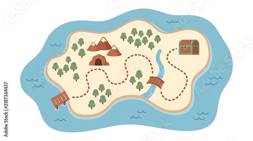 Treasure map illustration featuring a deserted island with mountains and route leading to chest