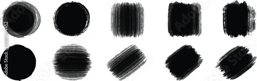 Black watercolor brush stroke circle and square set contains various organic ink shapes for artistic background banner elements.