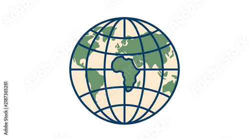 Globe map icon featuring earth grid lines with continents in minimalist flat vector design