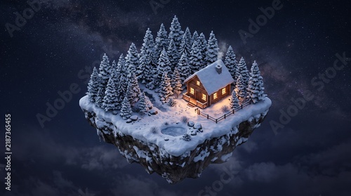 Cozy Log Cabin on a Snow Covered Floating Island Under a Starry Night Sky