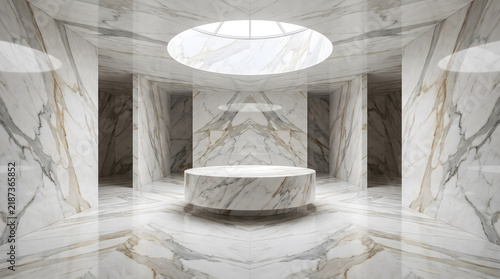 Round calacatta gold marble pedestal beneath round skylight oculus in symmetrical luxury pavilion showroom
