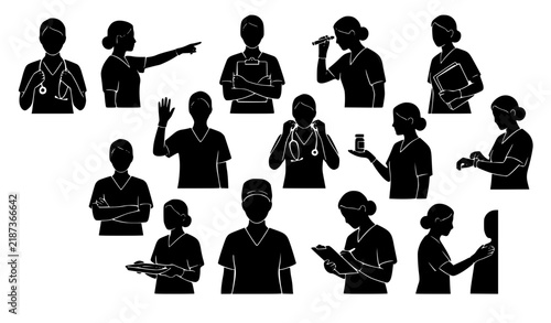 Nurse Character Black Glyph Healthcare Silhouette Vector Set