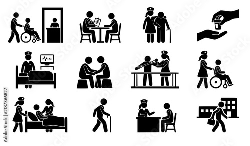 Nursing Patient Care Journey Black Silhouette Vector Icon Collection