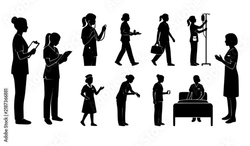 Hospital Nurse Character Poses Black Silhouette Vector Collection