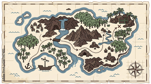 Treasure map illustration showing an island with mountains rivers forests and a ship
