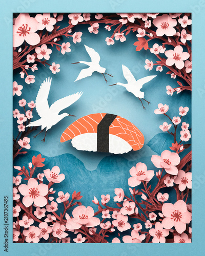 Sushi in Japanese style. Salmon nigiri, sakura flowers, cranes, pond in traditional garden in Japan. Papercutting art, beautiful hand craft. Paper is cut in ornaments, 3d effect. Space for design