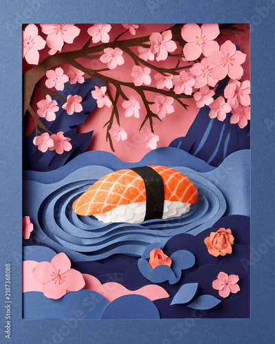 Sushi in Japanese style. Salmon nigiri, sakura flowers, blooms, pond in traditional garden in Japan. Papercutting art, beautiful hand craft. Paper is cut in ornaments, 3d effect. Space for design