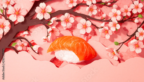 Sushi in Japanese style. Salmon nigiri, sakura flowers, blooms, pond in traditional garden in Japan. Papercutting art, beautiful hand craft. Paper is cut in ornaments, 3d effect. Space for design