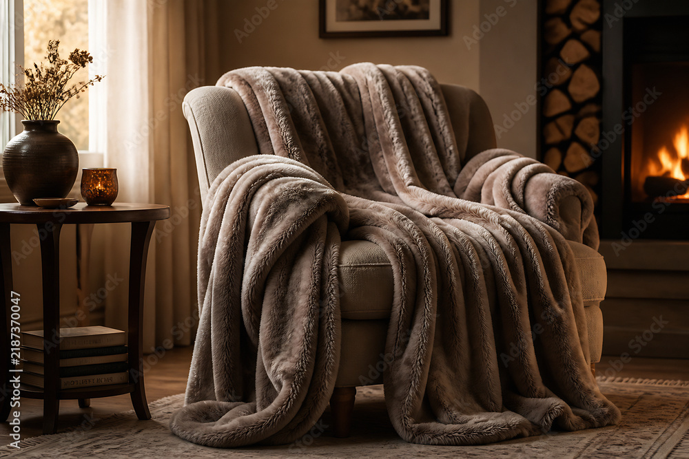 Obraz premium A plush, furry blanket is draped over a comfortable armchair in a cozy living room setting near a fireplace.
